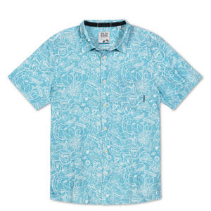 New BAJA LLAMA Mongol Rally Blue-7-SEAS Button Up Short Sleeve Shirt Size Medium